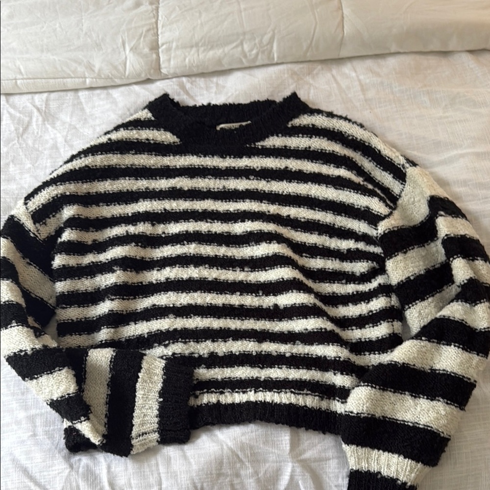 Black and White Striped Crew Neck Sweater